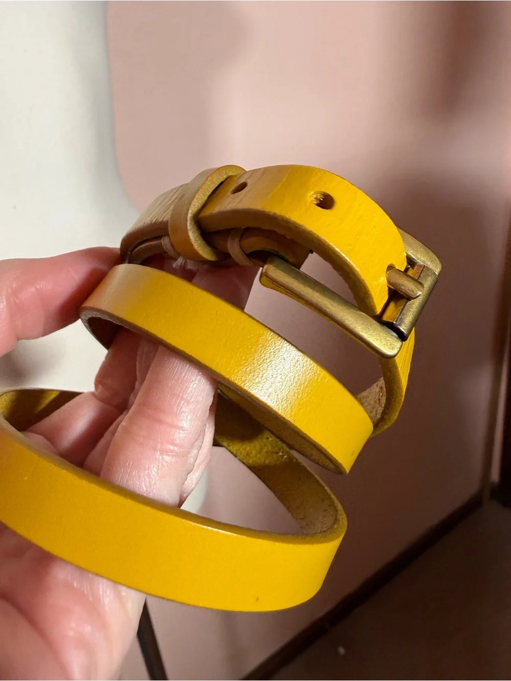 Vintage retro yellow leather minimalist ultra skinny Belt small medium
